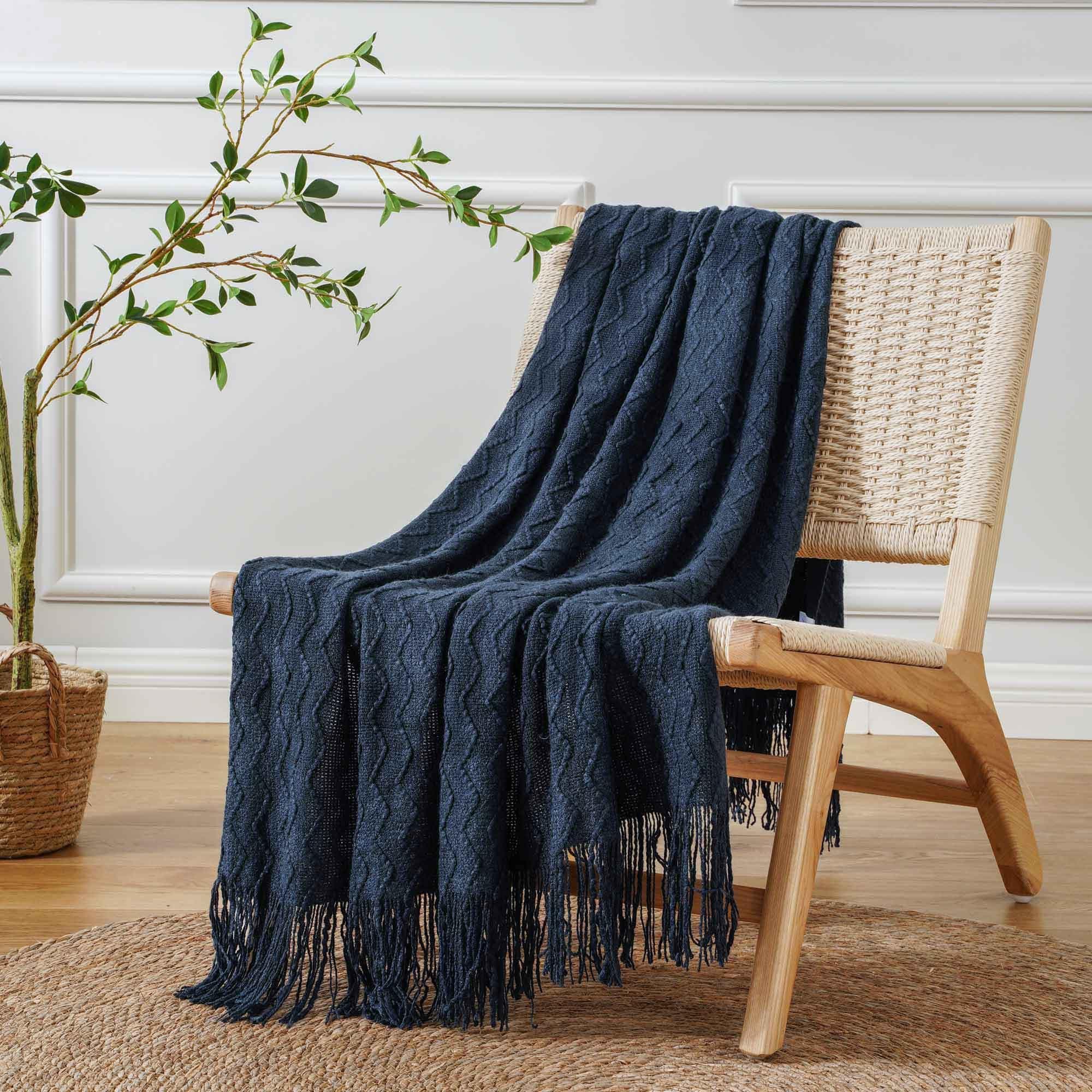 Navy blue throw blanket with fringe hot sale