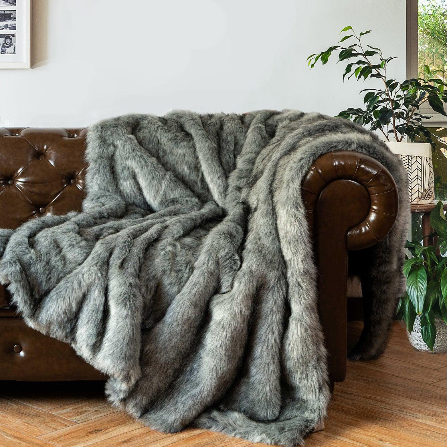 BATTILO HOME Grey Faux Fur Throw Blanket for Couch,Bed, Fake Fur Blankets  Cozy Fuzzy Fluffy Elegant Furry Blanket Decorative Couch Blanket Reversible
